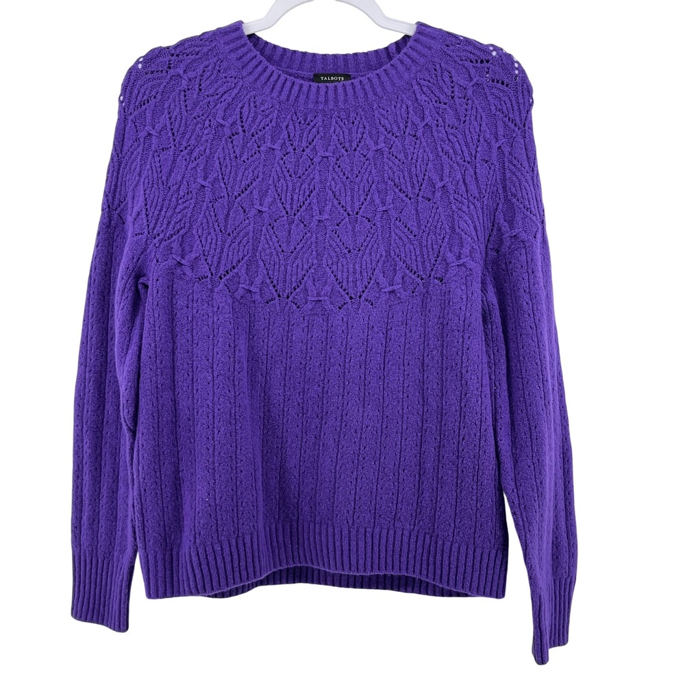 Talbots Purple Cable Knit Lace Detail Crew Neck Sweater Size S Cotton wool Blend